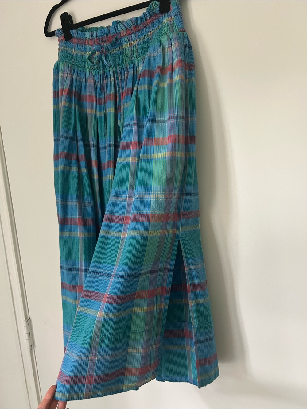 Plaid Midi Skirt in Blue and Teal with Drawstring Waist - Picture 4 of 6